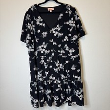 EVRI Black Floral Button Front V-Neck Fit & Flare Lined Dress Women’s Size 2X