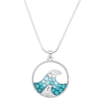 Wave Necklace Ocean Rhinestone Metal Wave Surf Surfer SILVER Jewelry TURQUOISE