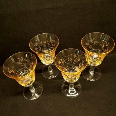 Vintage Elegant Optic Glass Etched Clear to Yellow Wine Goblets