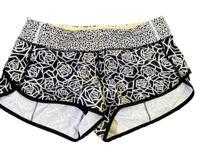 womens LULULEMON Speed Shorts 10 Black White Leaf Palm Black Angel Wing 105
