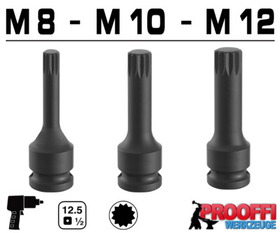 3 x Kraft Schlagschrauber Nuss Vielzahn Zwöflkant Stecknuss M8 M10 M12 Lang