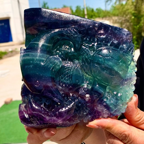 Fluorita verde púrpura natural de 2,9 lb tallada a mano especificaciones del mundo submarino - Imagen 6 de 18