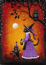 ACEO print of painting Ryta Halloween Black Cat owl trick or treat Folk Art Fall