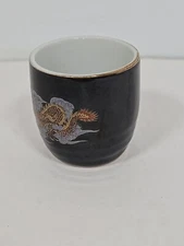 Japanese Gold Overlay Dragons and Flowers Black Porcelain Tea Cup Yunomi