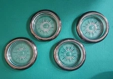 Vintage Sunflower Burst Glass Ashtray or Coaster Set of 4, Aged Silver Tone Edge