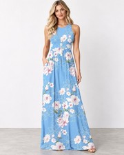 Womens Blue Floral Maxi Dress Size Medium Racerback Resort Chic NWT