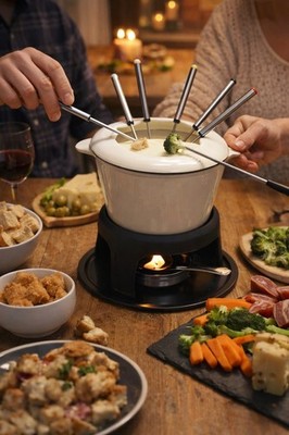 Fondue Set Schokoladenfondue Käse Schmelzset Gusseisen Topf 6 Gabeln Brennstoffbrenner