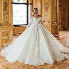 Beauty Beading Wedding Dress Off Shoulder Long Sleeves Lace Applique Bride Gowns