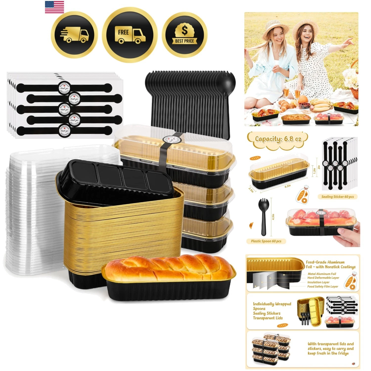 60 Pack 6.8oz Mini Loaf Baking Cake Pans with Lids, Rectangle Disposable Alum...