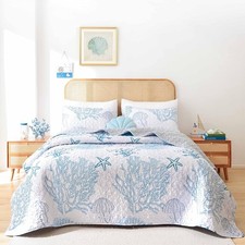 Queen Size Coastal Quilt Set Blue Nautical Bedding Summer Beach Bedspread