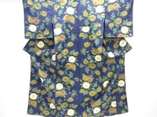 7597656: JAPANESE KIMONO / SILK / HAND WOVEN TSUMUGI / KIKU