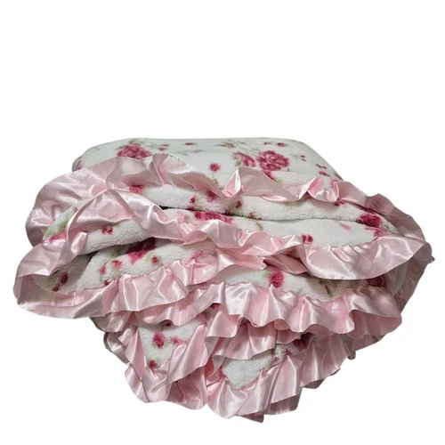 Simply Shabby Chic Target Full Queen Floral Satin Trim 2 Ply Plush Blanket 90x90