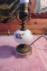 Vintage Milk Glass Table Lamp w Hand Painted Floral Detail 10" Glass Base