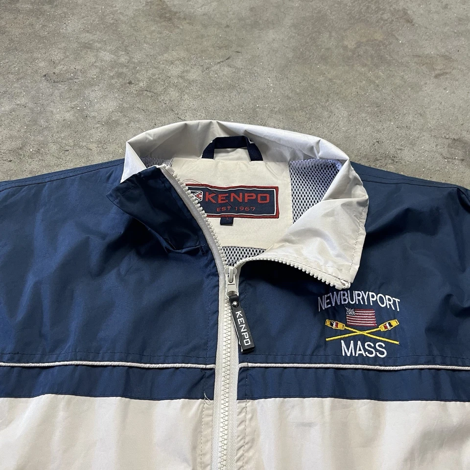 Chaqueta cortavientos vintage KENPO Newburyport Mass para hombre grande azul blanco nailon Foto 3 de 4
