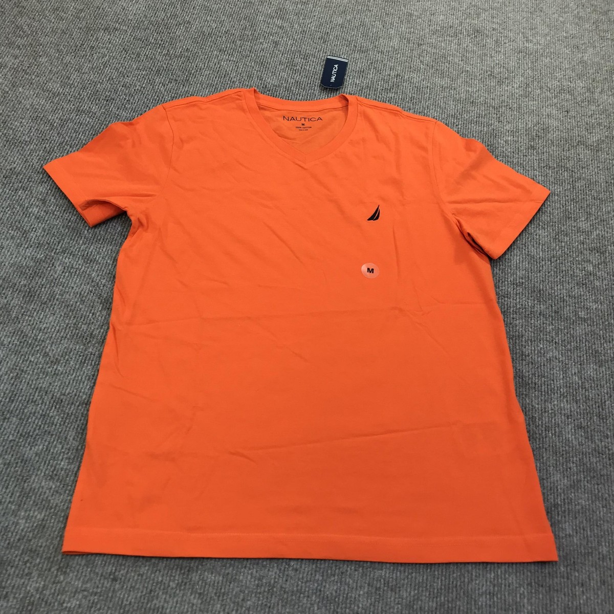 Nautica Shirt Mens Medium Orange V Neck Logo 100% Cotton Tagless