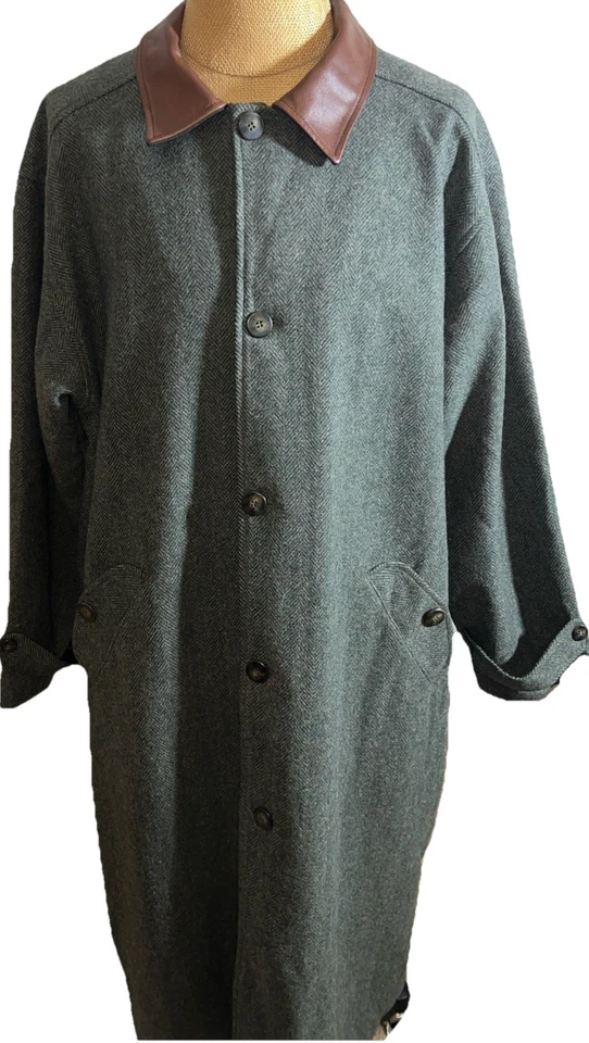 Vintage Eddie Bauer Wool Herringbone Tweed Overcoat Leather Collar Men's Large - Image 2 of 4