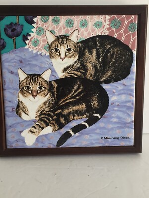  Vtg Avon Tile Trivet Wall Hang Two Cats Mimi Vang Olsen  Orient Clay Framed