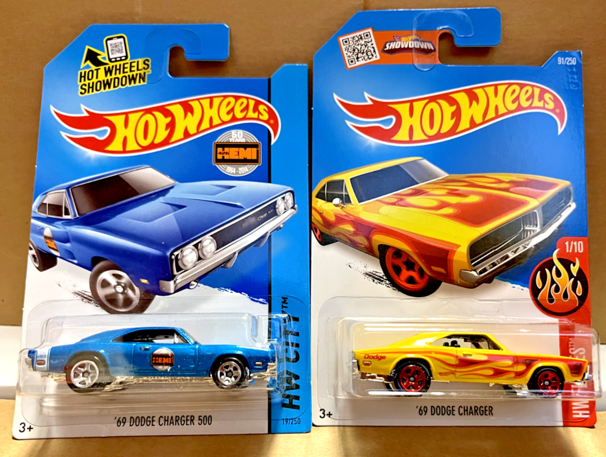 2 X 1969 DODGE CHARGERS (SET OF 2) 1 BLUE & 1 YELLOW + FLAMES by