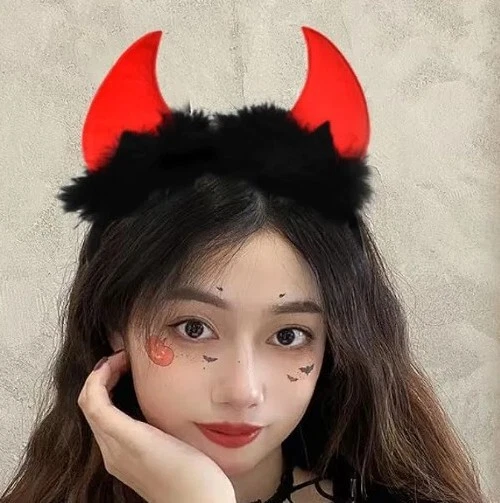 FUZZY RED DEVIL HORNS w/ Black Fur PLASTIC HEADBAND  Halloween COSTUME UNISEX  - Image 2 of 4