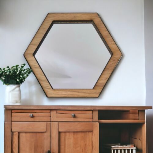 Hexagon Wooden Mirrors, Choice of Oak, Walnut or Cherry, with Hooks - Picture 9 of 10