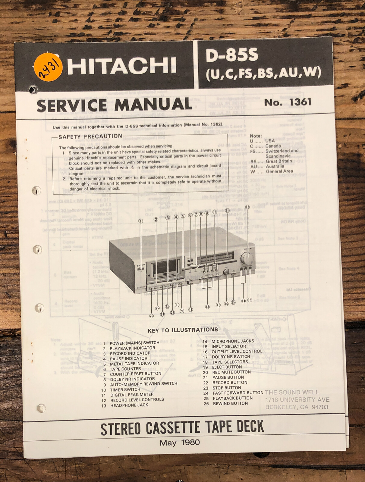 Hitachi D-85S Cassette  Service Manual *Original*