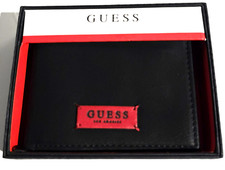 NEW GUESS BLACK LEATHERETTE,RED ACCENT,LOGO MEN'S BIFOLD WALLET