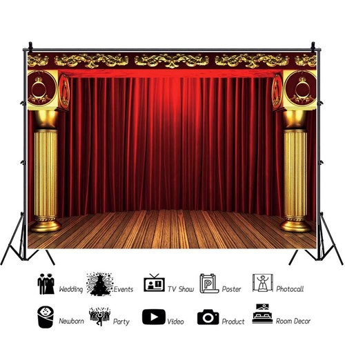 10x8ft Red Curtain Stage Backdrop Red Drapes Curtains Panels Golden Pillar Wo... - Picture 2 of 6