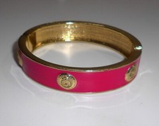 Bright Pink Enamel Hinged Bracelet Gold Medallin Buttons Oval Shaped