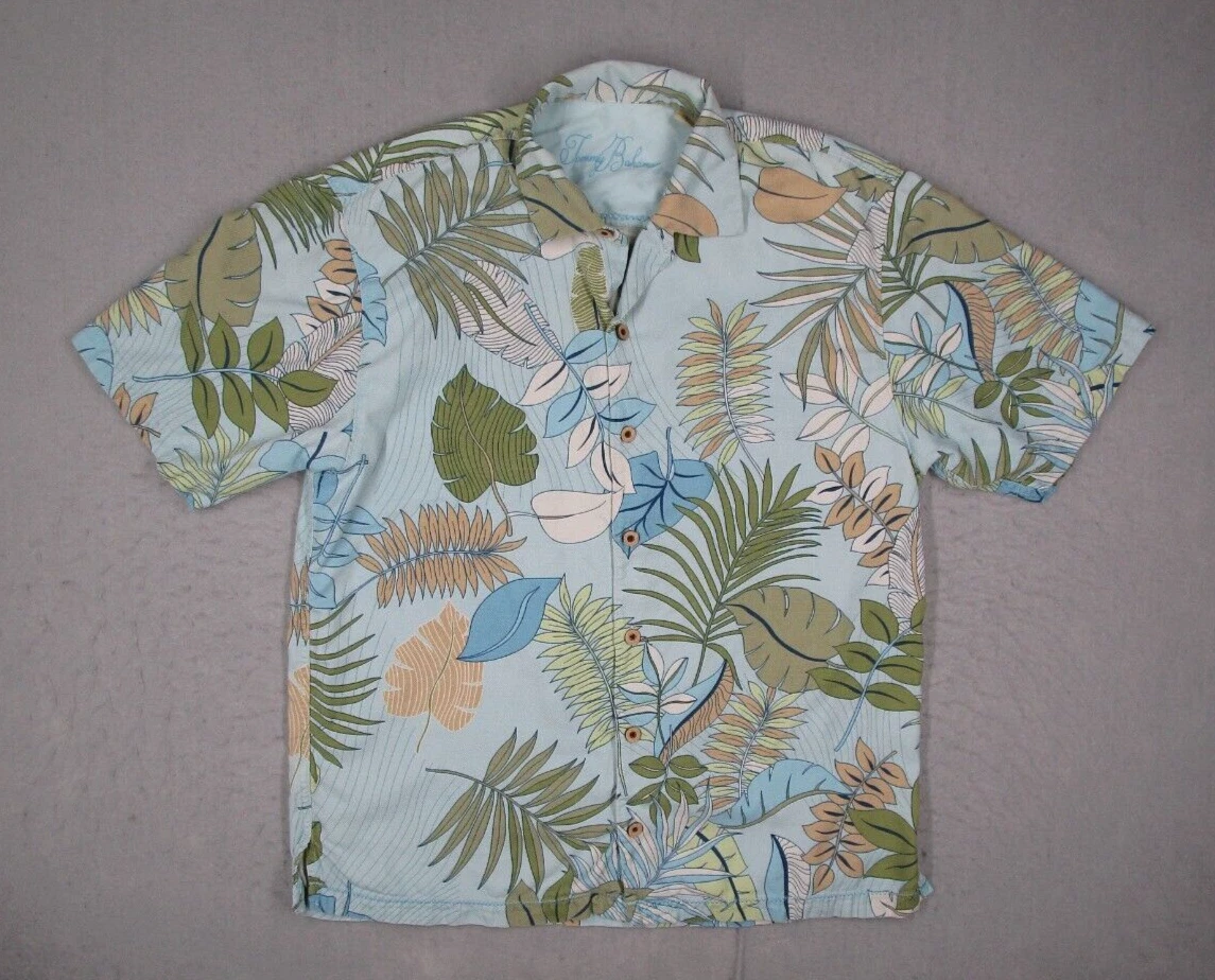 Vintage Tommy Bahama Shirt Mens Large Blue Silk Blend Button Up Hawaiian Camp