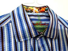 Robert Graham Men l/slv shirt M flipcuff blue striped btn front 100 cotton