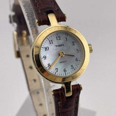 Timex Indiglo Watch Womens 21mm Case Brown Leather Band Quartz Pearl Look Dial