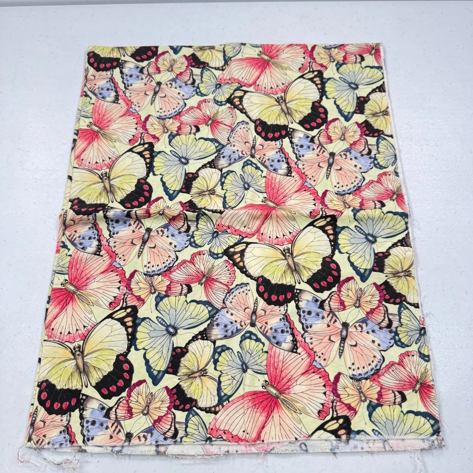 vintage quilting fabric pink yellow butterflies cotton  28x35 - Image 2 of 4