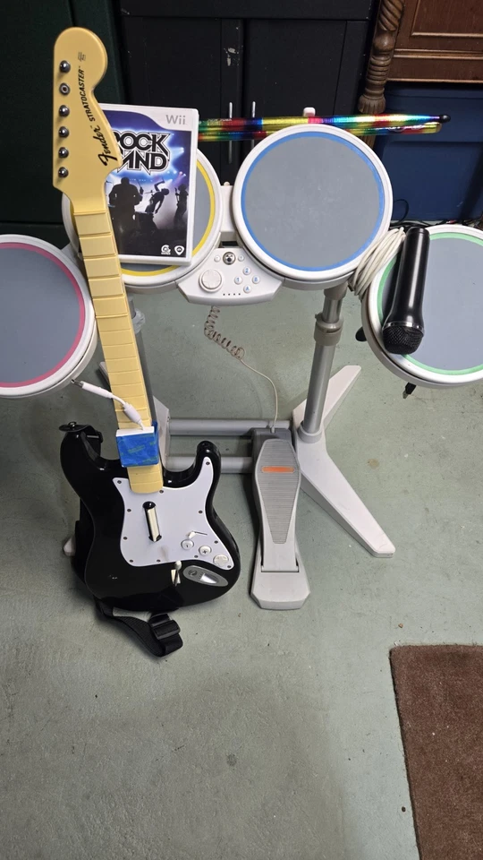 Nintendo Wii Rock Band Guitar Hero/ Guitar, Drums, Pedal, Mic, Sticks & Game - Image 2 of 4