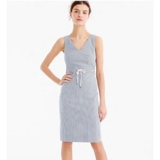 J.Crew Size 2 Seersucker Dress Blue White Stripe Rope Belt Nautical V Neck