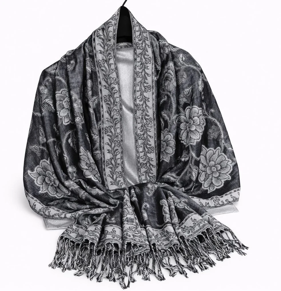 Black White Paisley Jacquard Scarf Shawl Fringe Boho Wrap Women 72x28