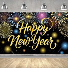 Happy New Year Banner Colorful Firework Years Backdrop for large, black