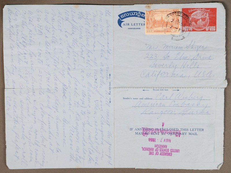 MayfairStamps Burma 1958 Rangoon to Beverly Hills CA Uprated Aerogramme aaz_8427