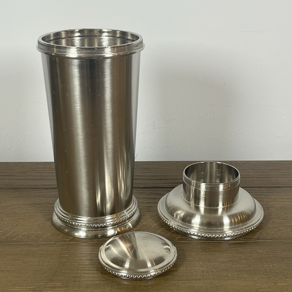 Towle's beaded heavy silverplate shaker is a proper formal-bar piece with serious weight and old-money elegance.