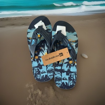 Quiksilver Foundation Men's Size 10 Flip Flop Sandals. Blue Orange Print. NWT