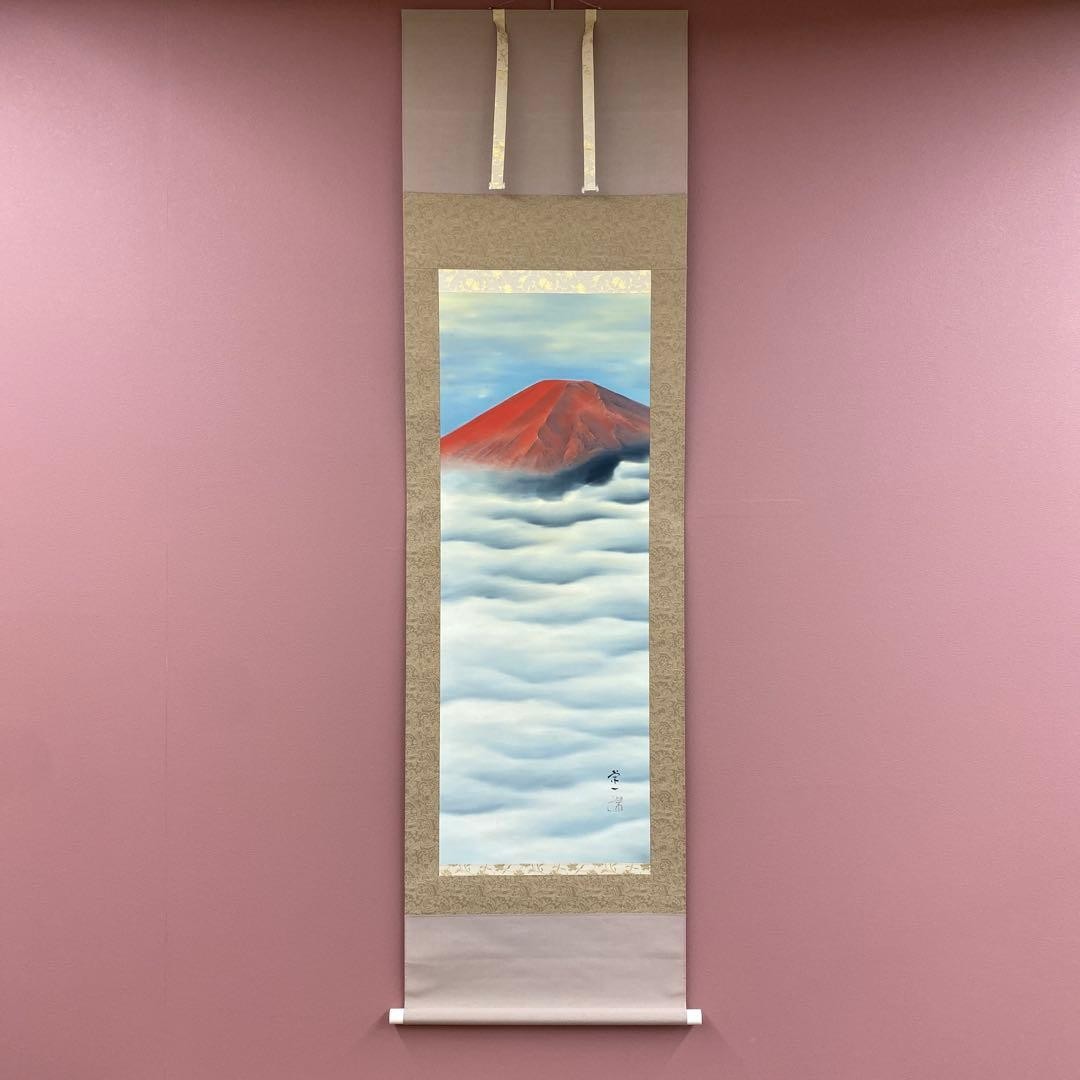 Shimizu Eiichi Red Fuji Hanging Scroll Japanese Painting Silk Used