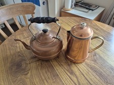 VINTAGE COPPER KETTLE ON FEET WITH WOODEN HANDLE & COPPER COFFEE POT.