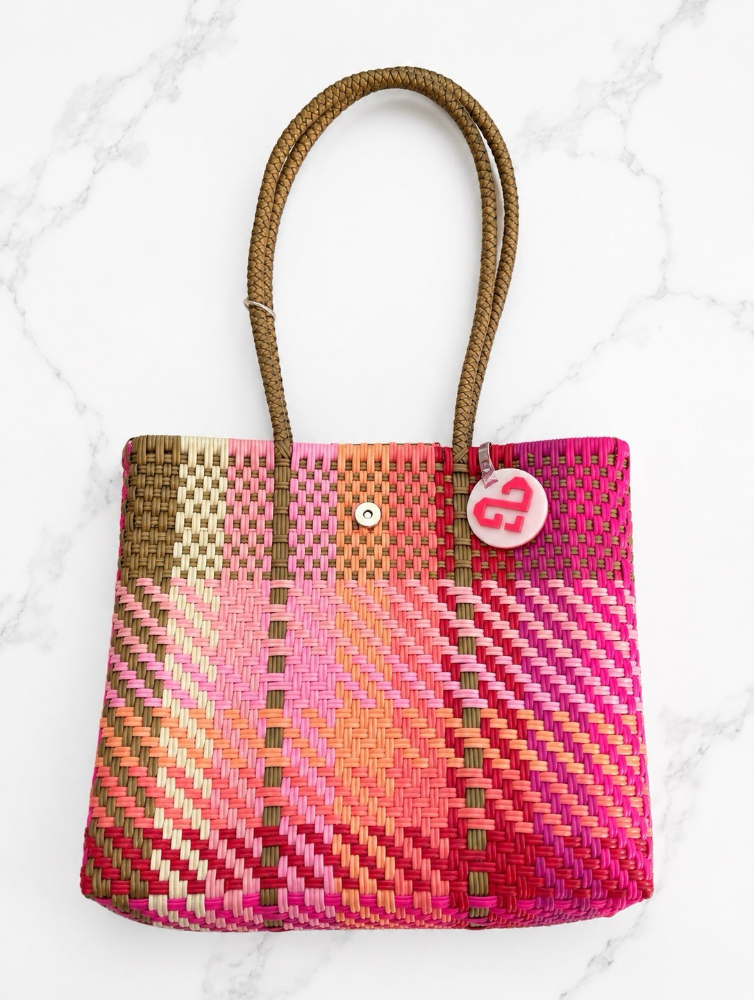 Women’s Large Tote Bag Pink Orange Beige Double Handles Magnetic Bag Charm
