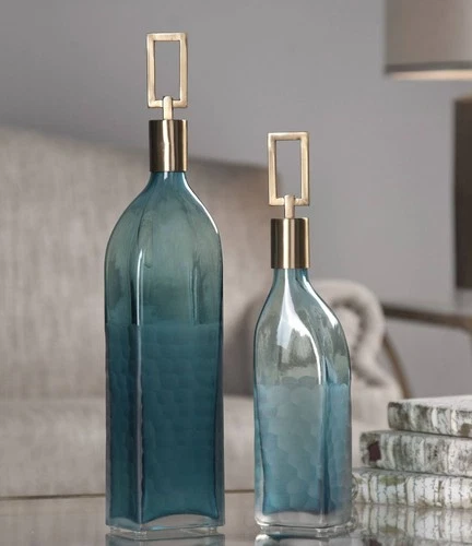Annabella Teal Green Glass 2-Piece Decorative Bottles Set - Picture 2 of 2
