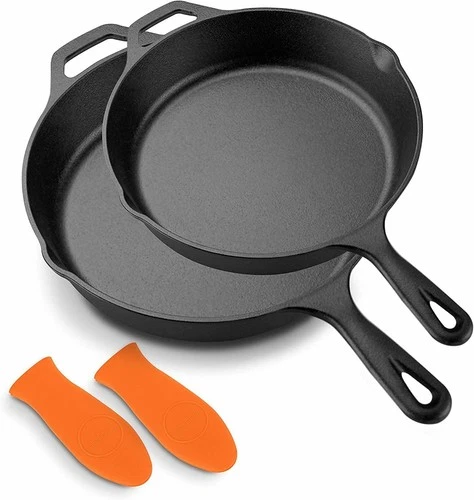 NutriChef 500°F Dishwasher Safe Non-Stick Cast Iron Skillet Easy Clean (Pair)