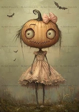 SPOOKY PUMPKIN HEAD DOLL ART PRINT, Fantasy Girl Decor, Gothic Halloween Poster