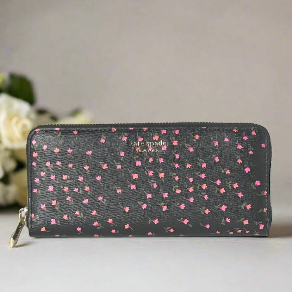Kate Spade Sylvia Slim Wallet Zip Around Black Saffiano Pink