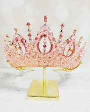 Gold Princess Crown, Prom headpiece, Bridal tiara, Pink Crystal wedding crown