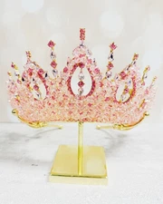 Gold Princess Crown, Prom headpiece, Bridal tiara, Pink Crystal wedding crown