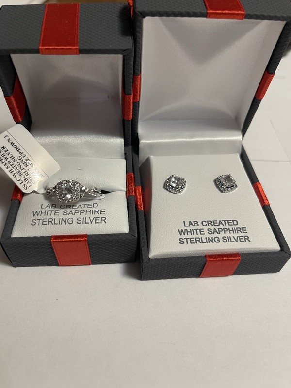 Lab-Created White Sapphire Ring 925 Sterling Silver Size 7 with earrings