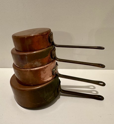 Set of 4 Copper Tin-Lined Brass Handled Measuring Cups Cottage MCM 1/4 1/2 3/4 1